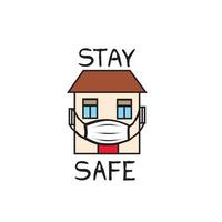karantän tecken. virusepidemi säkerhet design illustration. kreativ symbol med hus, bär medicinsk mask och bokstäver stanna hemma, håll dig säker över vit bakgrund. vektor