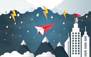 Führungserfolgskonzept, rotes Flugzeugfliegen gegen schlechtes Wetter und Blitz im Sturm. vektor