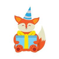 fuchs niedlichen cartoon mit box geschenk geburtstag logo symbol vektor illustration