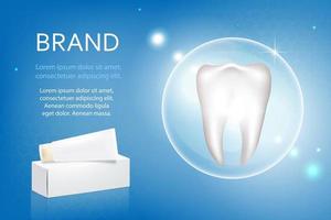 Vektor, 3D-Werbung für aufhellende Zahnpasta. ein grafisches Konzept für Ihr Design. Layoutvorlage, Tube mit Verpackung. vektor