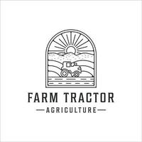 gård traktor logotyp linjekonst vintage vektor illustration mall ikon grafisk design. jordbruk landskap vy med märke retro
