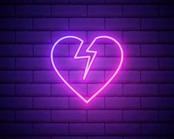 brutet hjärta neonljus ikon. hjärtesorg glödande tecken. näbba upp. vektor illustration isolerad på tegelvägg