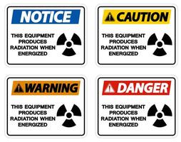 fara denna utrustning producerar strålning när den är strömsatt symbolskylt på vit bakgrund vektor