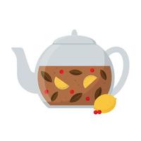 tecknad tekanna av glas. te med citron och bär. köksredskap. doodle platt stil. vektor
