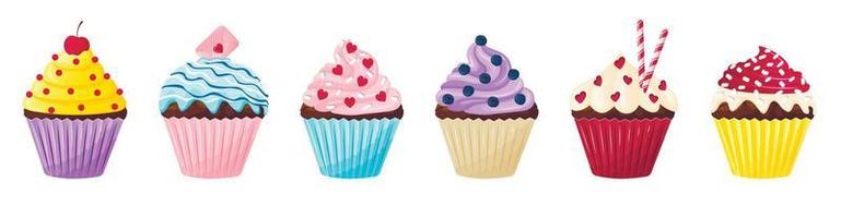 satz süße cupcakes im flachen stil. süßes Gebäck, dekoriert mit Sahne, Zuckerguss, Herzen, Beeren. Dessert zum Valentinstag