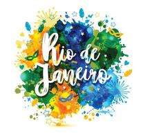 inskription rio de janeiro Brasilien semester på en bakgrund akvarell fläckar, färger av den brasilianska flaggan, Brasilien karneval, akvarell färger. sommar, bläckfärg. vektor