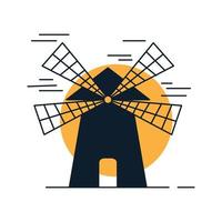 Windmühlensilhouette mit Sonnenuntergang-Logo-Vektor-Icon-Design vektor