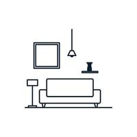 Innenmöbel Wohnzimmer mit Sofa und Accessoires Linie Logo Vektor Icon Design Illustration