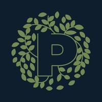 Buchstabe p mit blattgrünem Garten Natur Ornament Logo Vektor Icon Design
