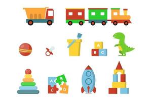 barnleksaker. leksaksdinosaurie, raket, barnkuber, lastbil, tåg, boll. vektor tecknad design
