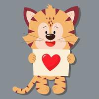 ein Tiger mit einer Postkarte und einem Herz. Tag der Liebe. vektor