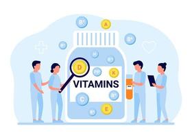 ärzte mit glas mit ernährungsvitaminen, nützliche nahrungsergänzung für das gesundheitswesen. Medikamentenentwicklung. verschiedene Arten von Lebensmittelzusatzstoffen. Vektor-Illustration vektor