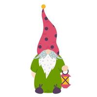 niedliches Cartoon-Gnome-Vektorsymbol. hand gezeichnete illustration lokalisiert auf weißem hintergrund. magischer zwerg in einem hohen hut mit einer leuchtenden lampe. märchenfigur mit bart, schnurrbart. einfache Farbcliparts vektor