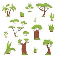 uppsättning afrikanska träd, örter, löv. platt stil. palmträd, baobab, kaktusar, tropiska löv och växter vektor