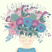 Mädchen mit Blumen auf dem Kopf. wilde Blumen, Kamille. naiver einfacher Stil vektor