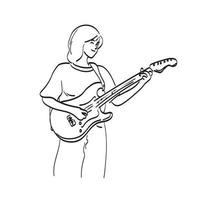 linie kunstfrau, die e-gitarrenillustrationsvektorhand spielt, die auf weißem hintergrund gezeichnet wird vektor