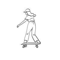 linie kunstfrau mit kappe und langen haaren, die skateboardillustrationsvektorhand spielen, die auf weißem hintergrund gezeichnet wird vektor