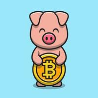 süßes schwein, das bitcoin-cartoon-vektorsymbolillustration hält vektor