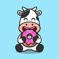 süße kuh, die donut-cartoon-vektor-symbol-illustration isst vektor