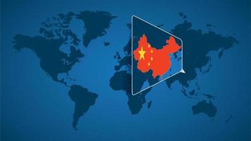 Detaillierte Weltkarte mit festgesteckter vergrößerter Karte von China und den Nachbarländern. vektor