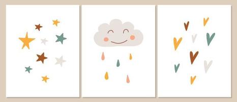 Babydekoration im Baby-Boho-Stil. Vektor-Set von Postern mit Sternen, Herzen und Wolken. handgezeichnete Sterne, Herz und Wolke im Kinder-Boho-Stil. vektor