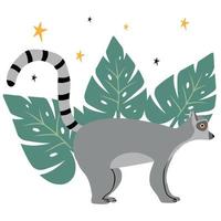 barnaffisch med lemur och monstera blad. handritade limur i tecknad stil. illustrationen passar till kort, etiketter och affischer till barnkammaren. vektor