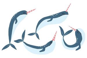 vektor uppsättning söta blå narvalar. söta valar med ett horn.