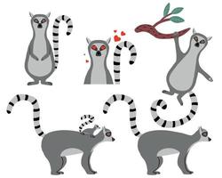 Handgezeichnetes Set von Lemuren für Kinder. Lemuren in verschiedenen Posen. Das Set eignet sich für Aufkleber, Drucke, Poster. vektor