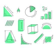 satz mathematischer objekte zusammen mit ergänzenden ornamenten wie pfeilen, linien, grafiken, stock, geometrie im mamphis-stil vektor