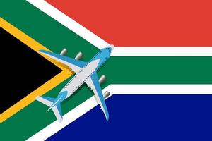 vektorillustration eines passagierflugzeugs, das über die flagge der republik südafrika fliegt. Konzept von Tourismus und Reisen vektor