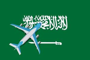 vektorillustration eines passagierflugzeugs, das über die flagge von saudi-arabien fliegt. Konzept von Tourismus und Reisen vektor