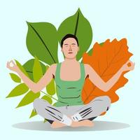 meditation av en flicka på en bakgrund av löv med slutna ögon. vektorritning av en flicka i lotusställning. konceptet med en hälsosam livsstil. vektor