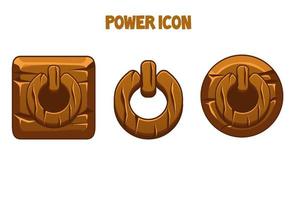 Holz-Power-Icons in verschiedenen Formen für das Menü. isolierte braune Symbole mit Energiesymbolen. vektor