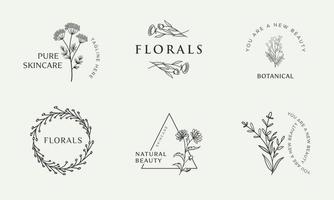 uppsättning av botaniska blommiga element handritad logotyp med vilda blommor och blad. logotyp för spa och skönhetssalong, boutique, ekologisk butik, bröllop, blomsterdesigner, inredning, fotografi, kosmetika. vektor