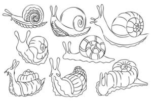 umriss schnecke illustrationssatz. schwarz-weiße strichzeichnungen schnecken. Cartoon-Doodle-Färbungszeichnungen. lineare vektorillustrationssammlung vektor