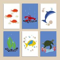 Sammlung von Karten zum Thema Meer. Fisch, Algen, Krebs, Delfine, Schildkröten. vektorillustration, im stil der handzeichnung. vektor