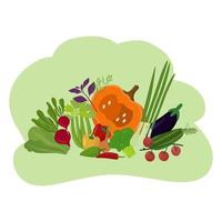 Bio-Gemüse, gesundes Essen. Plakat, Banner, Hintergrund. Kürbis, Chili, Basilikum, Zucchini, Kohl, Paprika, Auberginen, Tomaten, Zwiebeln. Vektor-Illustration vektor
