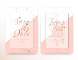 Bröllop inbjudningskort, Spara datum bröllopskort, Modernt kortdesign med gyllene geometriska och penselslag, Vektor illustration.