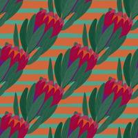 rote doodle protea blumen verzieren nahtloses muster. tropische Kulisse mit gestreiftem Hintergrund. vektor