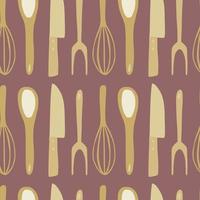 seamles köksredskap doodle mönster. stiliserade kniv, sked, gaffel, corolla silhuetter konstverk i rödbrun och ockra toner. vektor