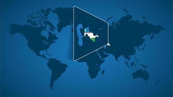 Detaillierte Weltkarte mit festgesteckter vergrößerter Karte von Usbekistan und den Nachbarländern. vektor