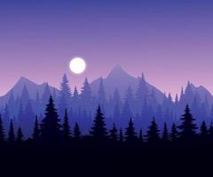 siluett landskap med dimma, skog, tallar, lila berg. illustration av utsikt, dimma och solnedgång. bra för tapeter, bakgrund, banderoll, omslag, affisch. vektor