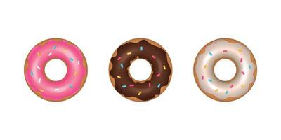 Satz bunte Donuts der Karikatur. heller leckerer süßer Donut mit Zuckerkaramell, farbiger Glasur und verziert mit bunten Dekoelementen. Platine für Menügestaltung, Cafédekoration, Lieferung. vektor