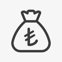 Türkische Lira-Symbol. Sack mit Bargeld isoliert auf weißem Hintergrund. Geldsack Umriss Symbol Vektor Piktogramm. türkisches Währungssymbol.