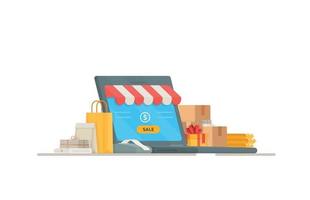 Vektor-Illustration der Registrierkasse. Einkaufen in einem Geschäft. einkaufen und bezahlen. Online-Verkauf in den Filialen.