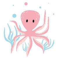 kinderillustration des niedlichen oktopus mit algen. handgezeichneter rosa Oktopus im Cartoon-Stil. geeignet für Drucke, Poster. Postkarten. vektor