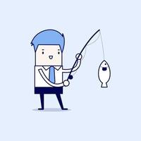 affärsman som fiskar en stor fisk. seriefigur tunn linje stil vektor. vektor
