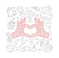 Alla hjärtans dag vintage doodle vektorelement och händer i form av hjärtat i mitten. handritad kärleksaffisch, diamant, kuvert, tårta, kopp. romantiska illustration citat gratulationskort vektor