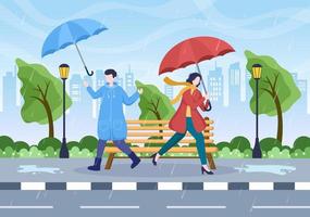människor som bär regnrock, gummistövlar och bär paraply mitt i regnskurar stormar. platt bakgrund tecknad vektorillustration för banner eller affisch vektor