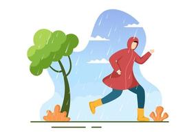 leute, die regenmantel, gummistiefel tragen und regenschirm mitten im regenschauersturm tragen. flache Hintergrundkarikatur-Vektorillustration für Fahne oder Plakat vektor